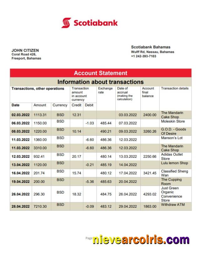 Bahamas Scotiabank bank statement